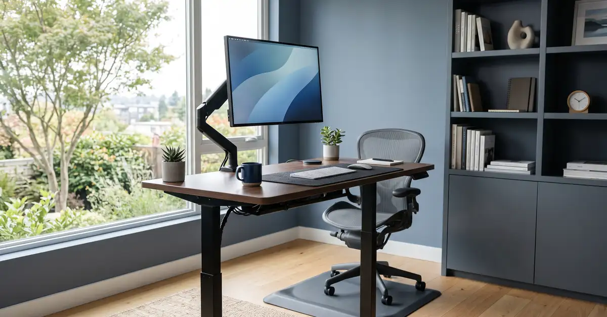 Modern home office with a height-adjustable standing desk at standing height, a monitor on an arm, and soft morning light